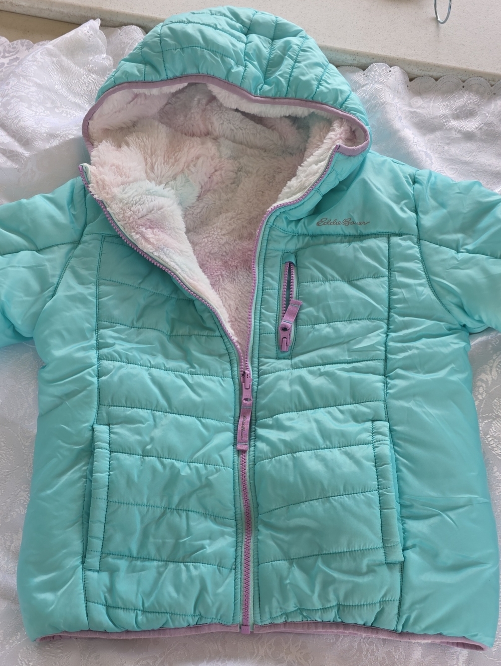 Eddie Bauer Mint Teal / Reversable Hooded Puffer Coat with Plush Lining